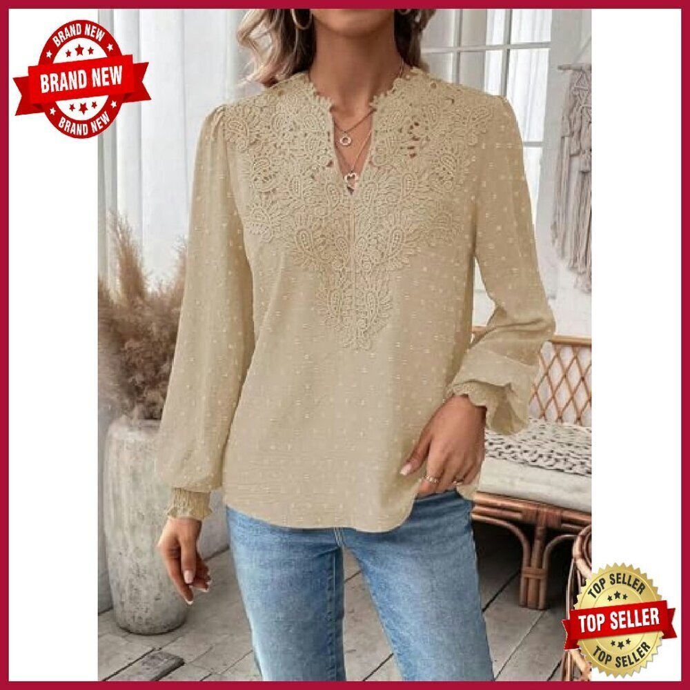 Swiss Dot Chiffon Blouse Long Sleeve V Neck Flowy Lace Hem - Picture 5 of 8